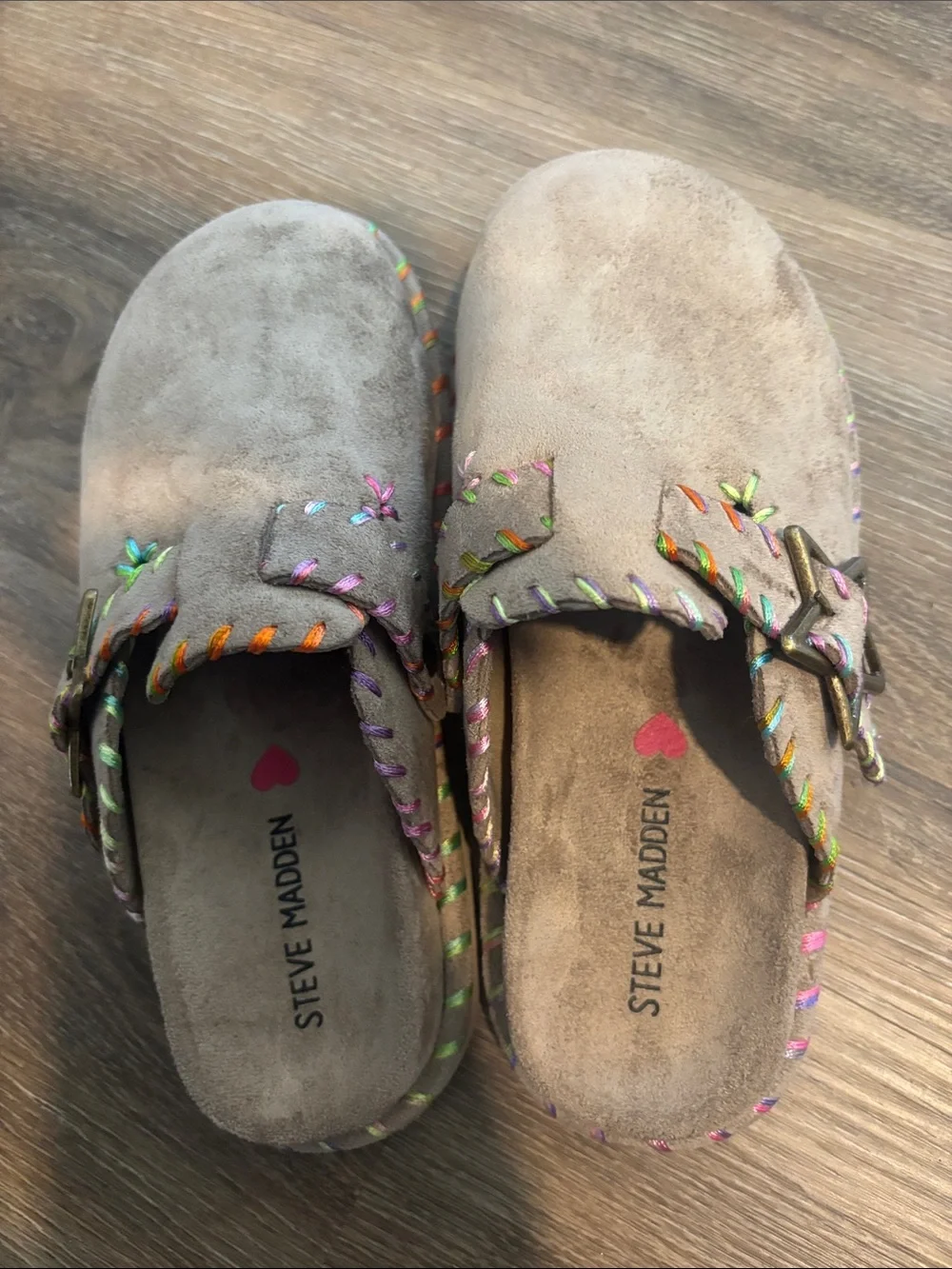 Steve Madden Kids Taupe Suede Slip-On Clogs with Multicolor Stitching